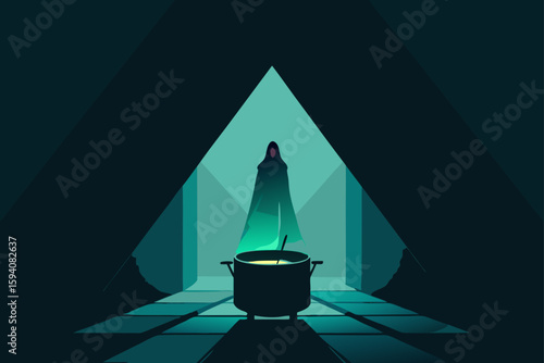 Cauldron with green smoke and cobwebs eerie Halloween decor vector illustration