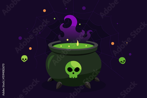 Glowing cauldron with witch stirring spooky potion brewing vector illustration