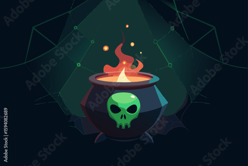 Creepy cauldron with bats flying above Halloween potion scene vector illustration