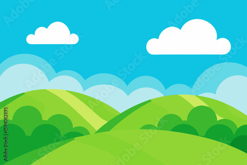 Green Hills Under Bright Summer Sky with Fluffy Clouds