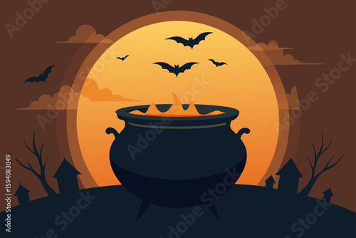 Glowing cauldron in foggy haunted forest potion brewing scene vector illustration