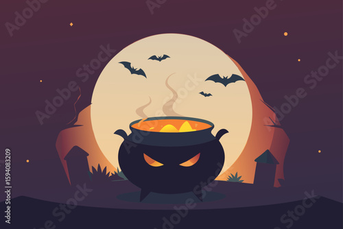 Cauldron on fire surrounded by bats and pumpkins Halloween brew scene vector illustration
