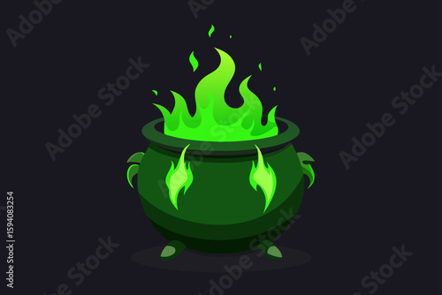 Witch stirring cauldron in moonlight spooky Halloween vector illustration