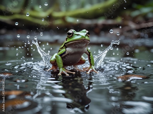 Tree Frog Jumping from Water in Tropical Forest