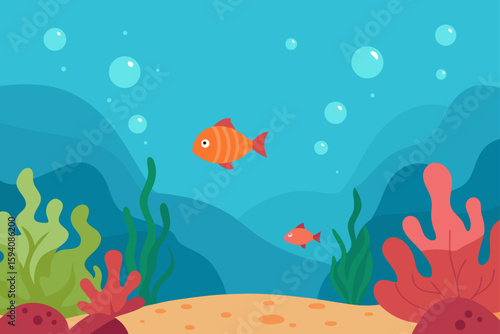 Fish and Bubbles in Underwater Coral Reef Scene
