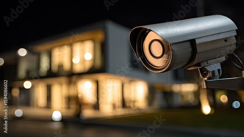 Security camera outside a modern home at night.
