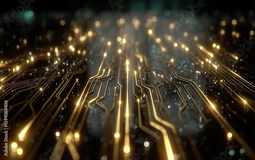 Close-up abstract view of glowing golden circuit lines on transparent glass, with depth and precision in a futuristic high-tech aesthetic.