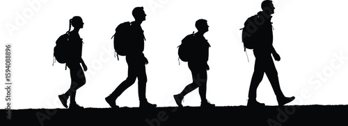 Vector art of silhouette of hikers with backpacks walking
