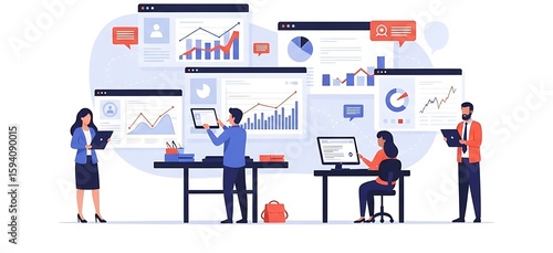 Diverse team collaboratively analyzing data on multiple displays.