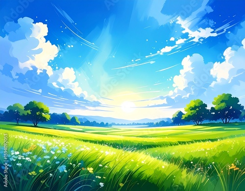 青空と雲と平原の景色の水彩イラスト	