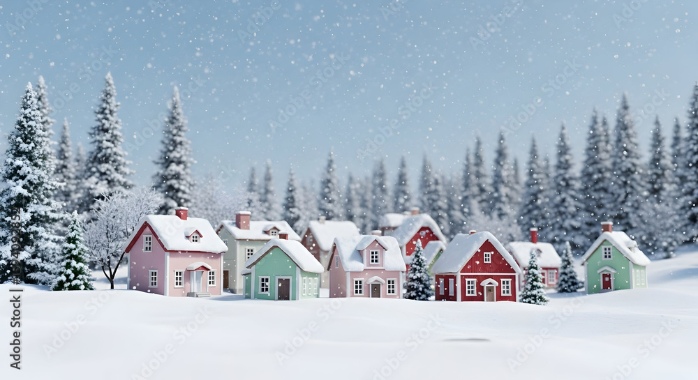 Fototapeta premium Winter Village Scene with Pastel Houses and Snowy Trees
