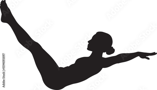 Black silhouette of a woman performing the Boat Pose (Paripurna Navasana) in yoga, illustrating core strength, balance, fitness, and intense physical training