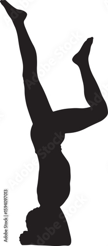 Black silhouette of a person performing a headstand yoga pose, ideal for fitness, meditation, balance, and wellness themes, perfect for health and exercise designs