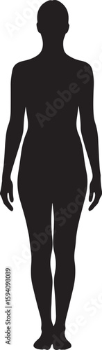Black full body silhouette of a standing human, showcasing a generic and versatile figure, perfect for anatomical references, abstract design, or placeholder visuals