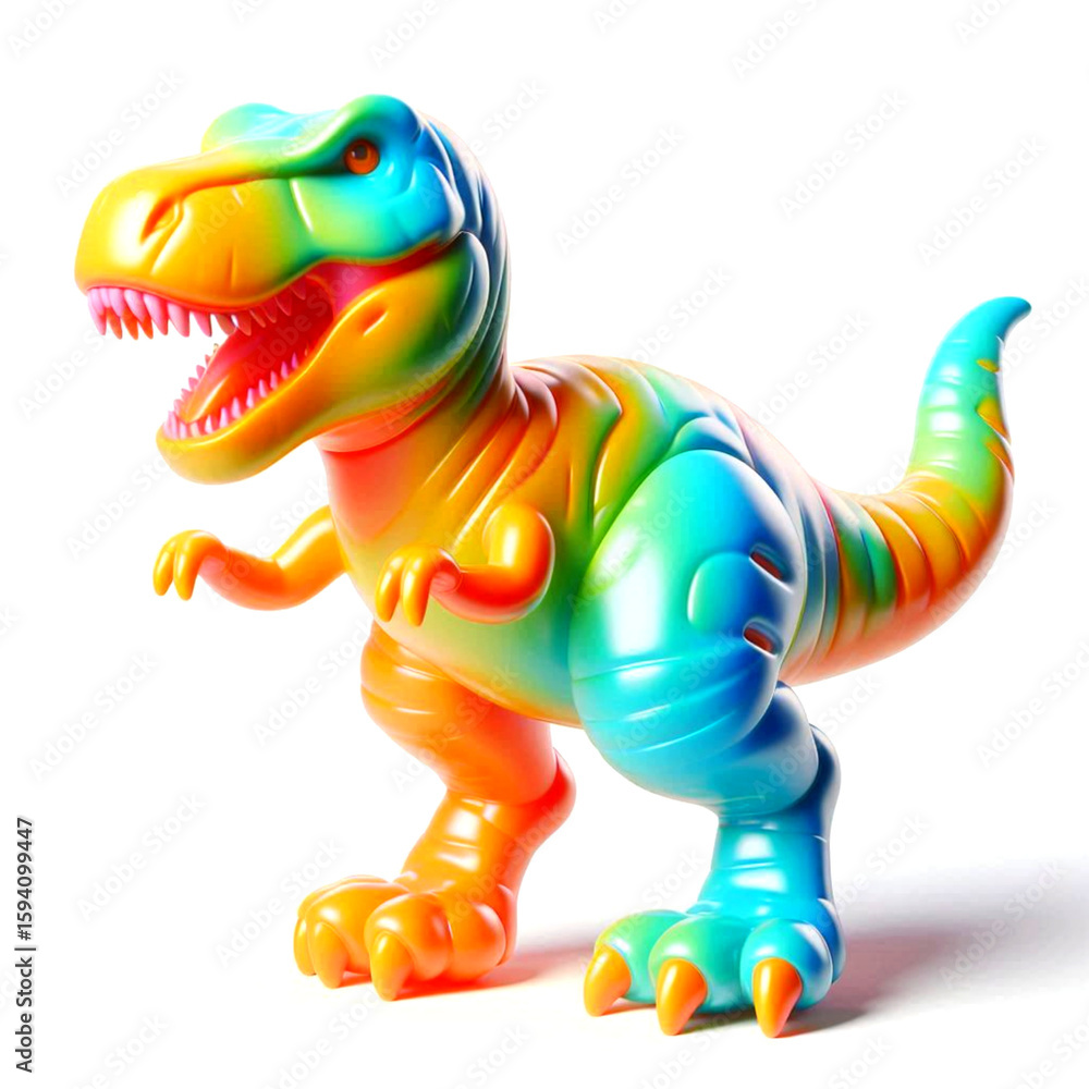 Fototapeta premium Colorful gradient dinosaur toy, 3D cartoon render with glossy finish, cute plastic kids figure in green orange red color