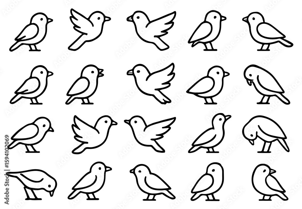Obraz premium Minimalist Line Art Sparrow Icon Set in 20 Unique Bird Poses. Clean Black and White Vector Outline Illustrations Featuring Perching, Flying, Chirping, Feeding, and Walking Sparrow