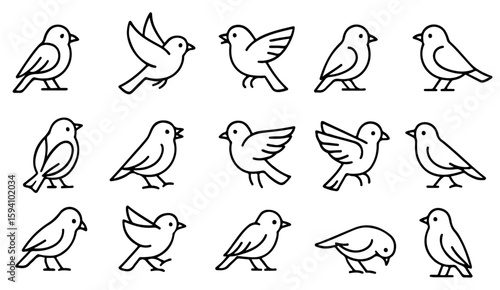 Minimalist Line Art Sparrow Icon Set in 16 Unique Bird Poses. Clean Black and White Vector Outline Illustrations Featuring Perching, Flying, Chirping, Feeding, and Walking Sparrow