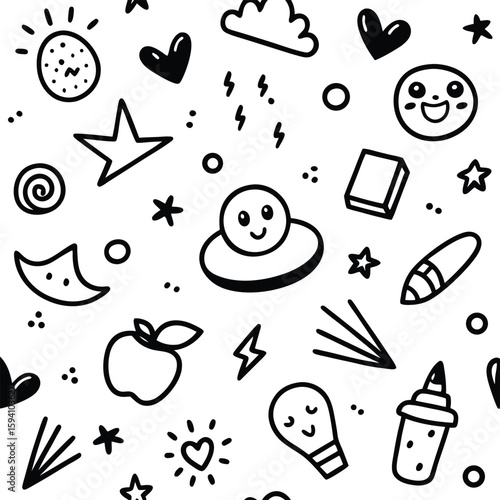 Vector art of a playful collection of handdrawn doodles including faces, stars, and hearts on white