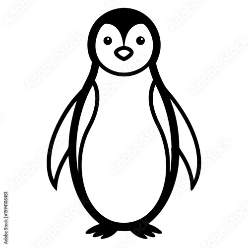 This simple black line art presents a vector penguin illustration, perfect for designs needing a clean, minimalist animal graphic, emphasizing its antarctic origins and distinctive bird features.