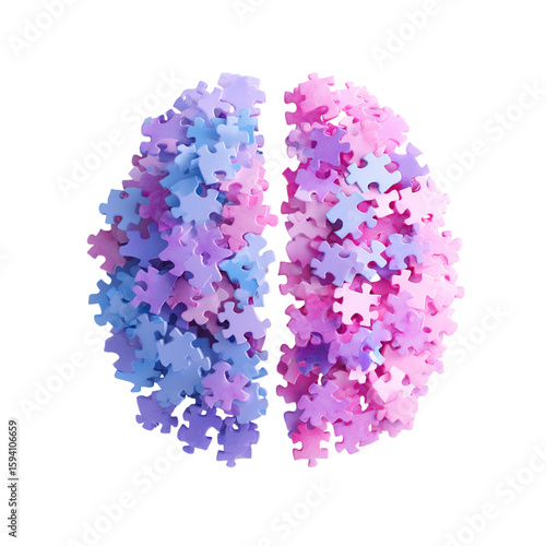 Abstract brain shape formed by colorful puzzle pieces isolated on transparent background
