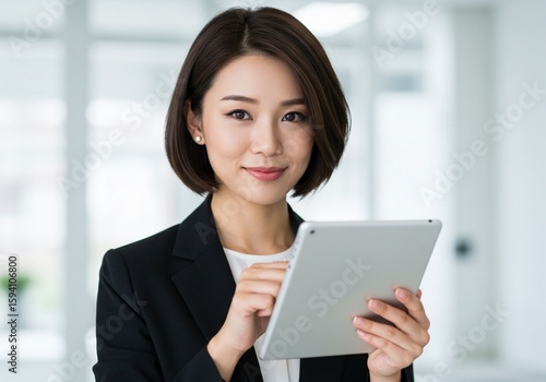 Smiling Asian Businesswoman with Short Hair Holding Tablet Free Download Smiling Asian Businesswoman with Short Hair Holding Tablet - GFXLoad