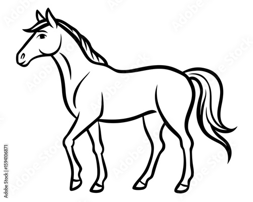 A majestic horse gracefully rendered in a minimalist black line vector illustration, showcasing its strength and beauty through elegant and flowing outlines suitable for various creative designs.