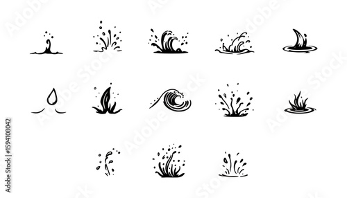 A collection of stylized black and white water splash and wave vector illustrations, perfect as graphic design elements or icons for various projects.