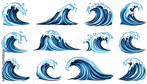 Dynamic collection of powerful ocean waves with detailed white foam and splashing water, perfect for graphic design elements.
