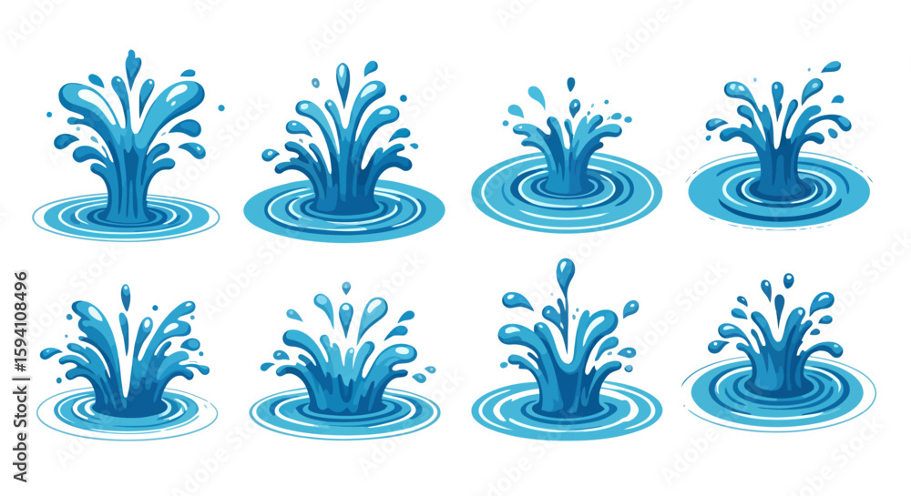 Fototapeta premium A collection of vibrant blue water splashes with dynamic ripples, depicted in a clean vector style, perfect for various graphic design projects.