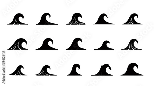 A collection of stylized black wave icons representing different forms of water movement, perfect for graphic design and nautical themes.