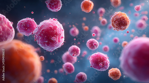 3D medical illustration of lymphocytes and immune system components. Abstract microscopic view showing immune defense cells, biology concepts, and immunology research visuals.
