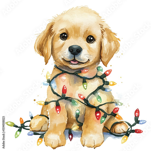 Festive Golden Retriever Puppy Entangled in Colorful Christmas Lights