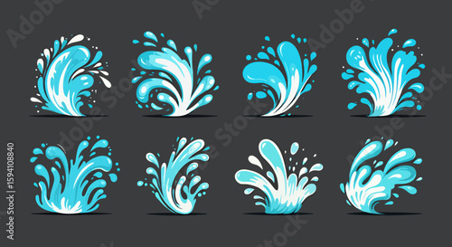 High-quality vector PNG illustrations of dynamic water splashes, perfect for adding a refreshing and lively touch to your designs, websites, or presentations.  These versatile assets are ideal for
