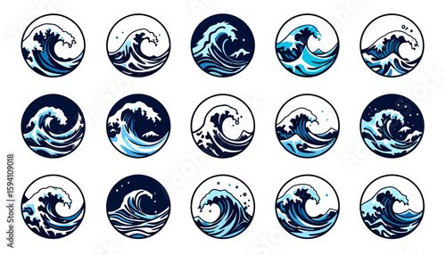 A dynamic collection of vector water splash illustrations, each enclosed in a circular frame, showcasing varied wave designs and a modern, clean aesthetic suitable for graphic design.