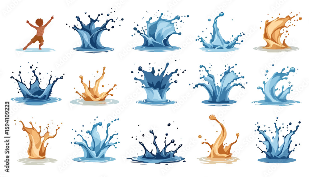 Obraz premium High-quality vector PNG illustrations of water splashes, perfect for adding a refreshing touch to your designs, websites, or presentations. These versatile graphics are ideal for various creative