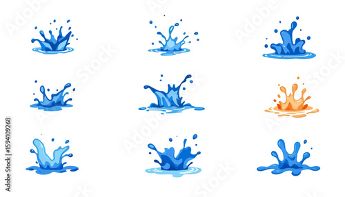 Dynamic collection of nine distinct water splash illustrations in various blue and orange hues, perfect for graphic design elements.