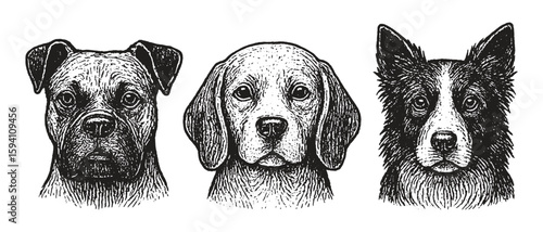 A set of front-facing vintage dog sketches, featuring different breeds with realistic expression and fur details in black and white.