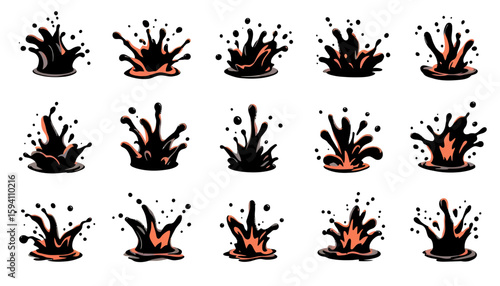 A collection of vector illustrations showcasing dynamic water splash designs in various shapes and sizes, perfect for graphic design projects and creative visual elements.