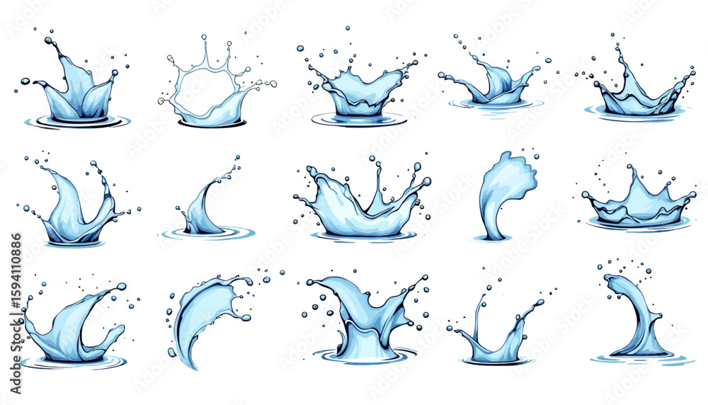 Fototapeta premium A collection of various dynamic blue water splashes and liquid drops creating ripples, isolated on a clean white background for graphic design.