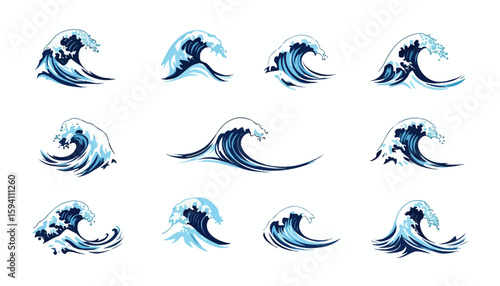 Collection of stylized blue ocean waves in a vector graphic, perfect for maritime themes or aquatic designs on a white background.
