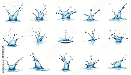 A collection of various blue water splash elements, depicted as clean vector illustrations with dynamic liquid motion on a crisp white background.