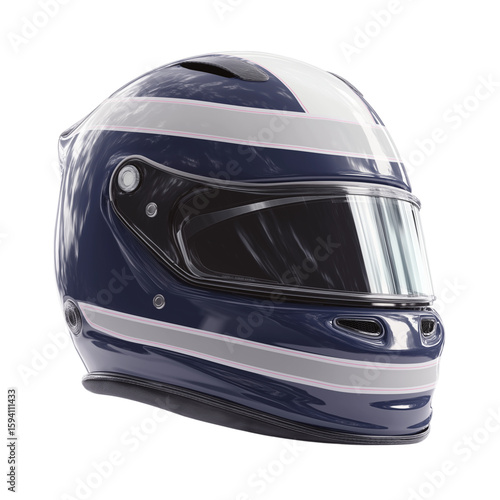 Sleek dark blue racing helmet with white and pink stripes isolated on transparent background