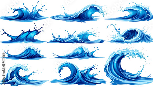 Dynamic blue ocean waves and water splashes captured in a vibrant vector illustration, perfect for design projects requiring aquatic energy.