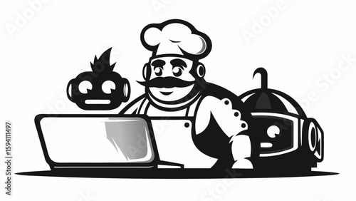 Chef robot using a laptop with other robots in black and white vector illustration style design silhouette