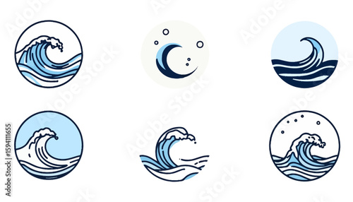 Set of stylized wave icons in a circular frame, showcasing dynamic water splashes and ocean crests with a clean, modern vector graphic design.