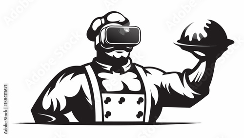 Chef with vr headset holding a covered dish presenting food in virtual reality culinary experience design silhouette