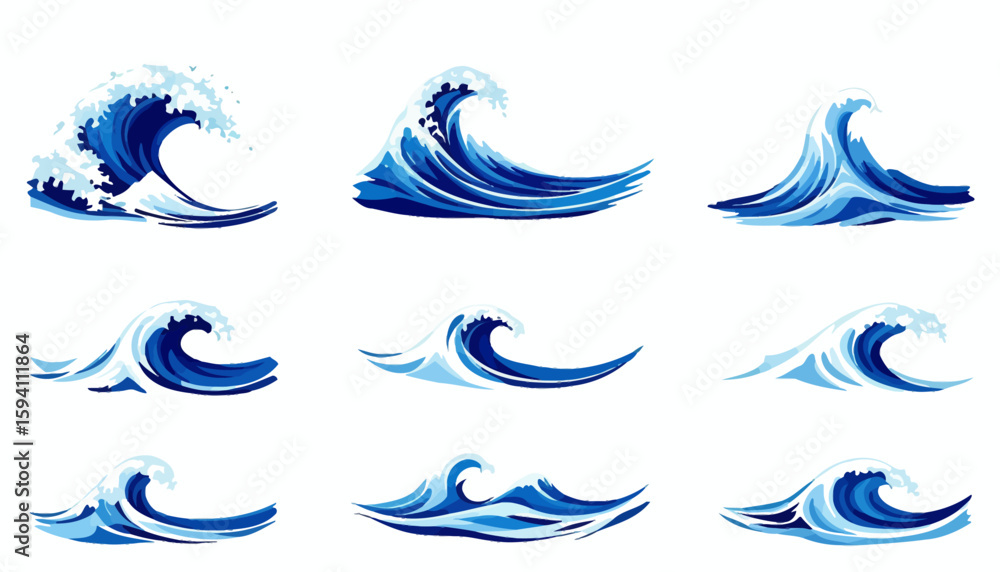 Naklejka premium High-quality vector PNG illustrations of stylized ocean waves, perfect for adding a dynamic aquatic element to your designs, websites, or presentations. These versatile graphics are ideal for