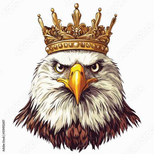 Majestic Eagle Head Illustration with Golden Crown and Intense Stare. Regal Bird Portrait