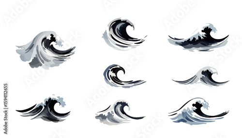 Dynamic collection of vector water splashes and waves, rendered in high-resolution PNG format, perfect for adding a touch of aquatic energy to any design project.