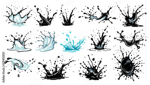 Dynamic collection of liquid splashes and droplets in various forms, captured in vector graphics with a clean PNG format for versatile use.